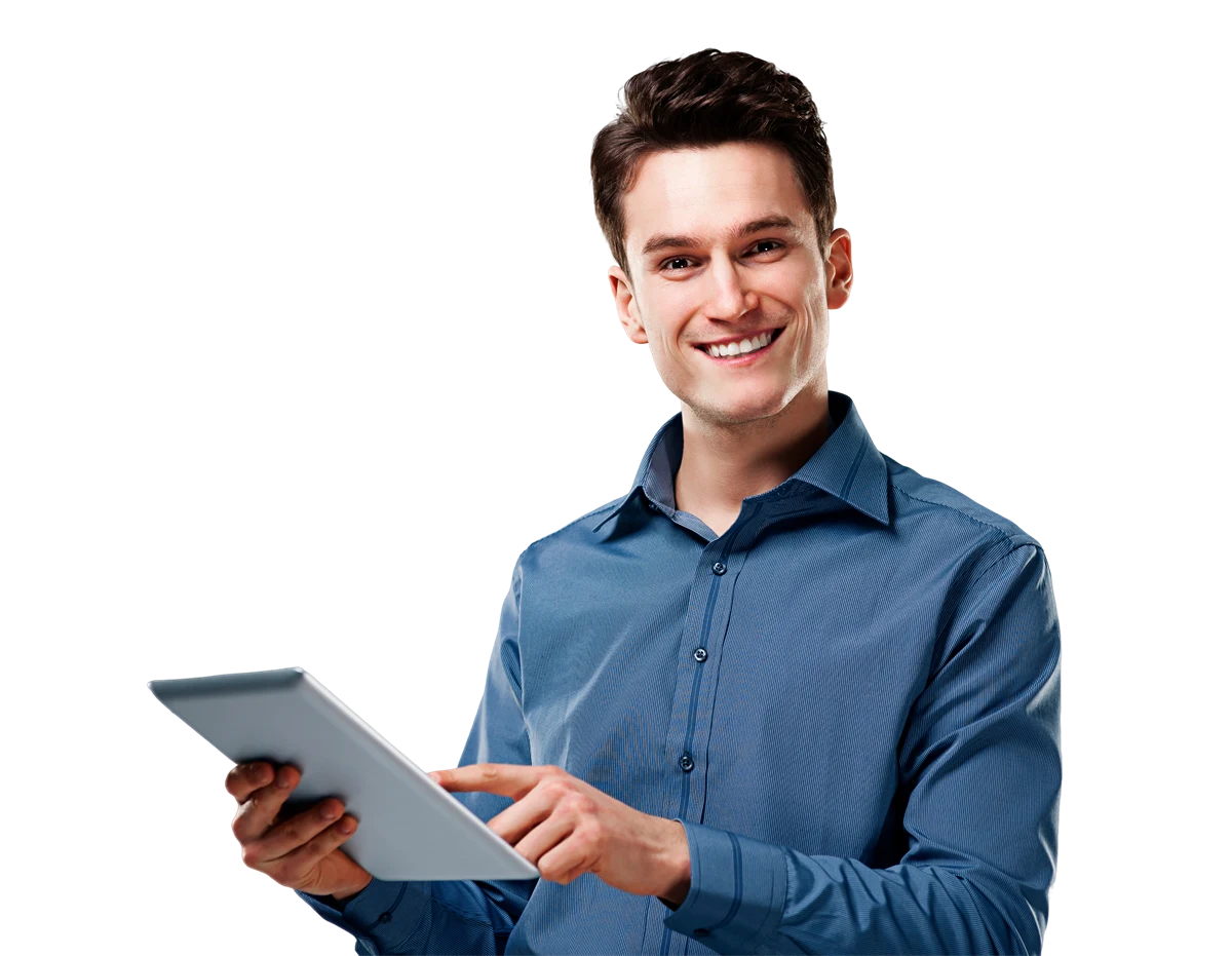 A Numan property expert holding a tablet